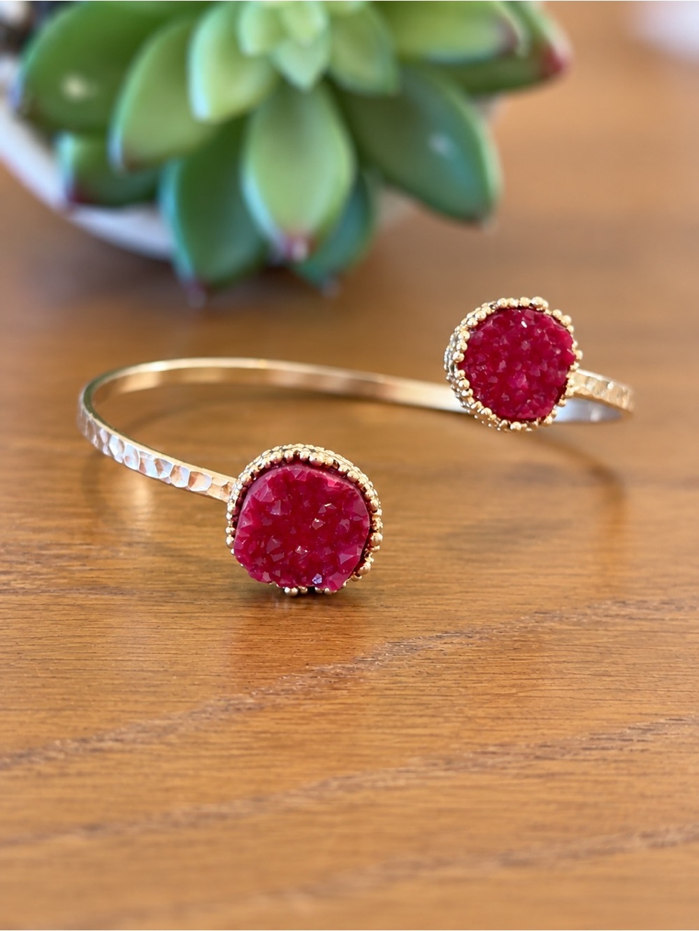 Gold-Tone Red Druzy Stone Open Cuff Bracelet – Hammered Boho Statement Jewelry